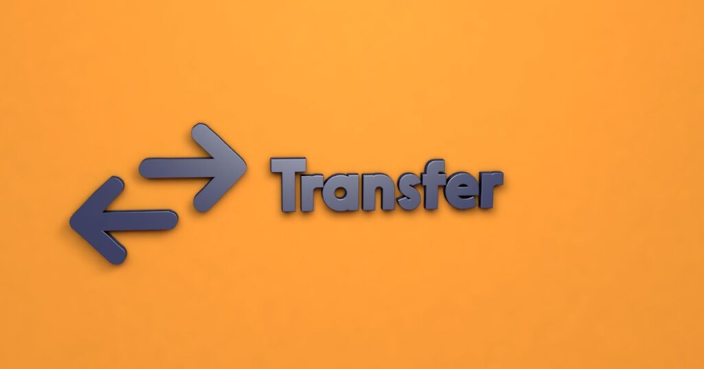 transfer, arrows pointing left and right, orange background, black letters spelling transfer