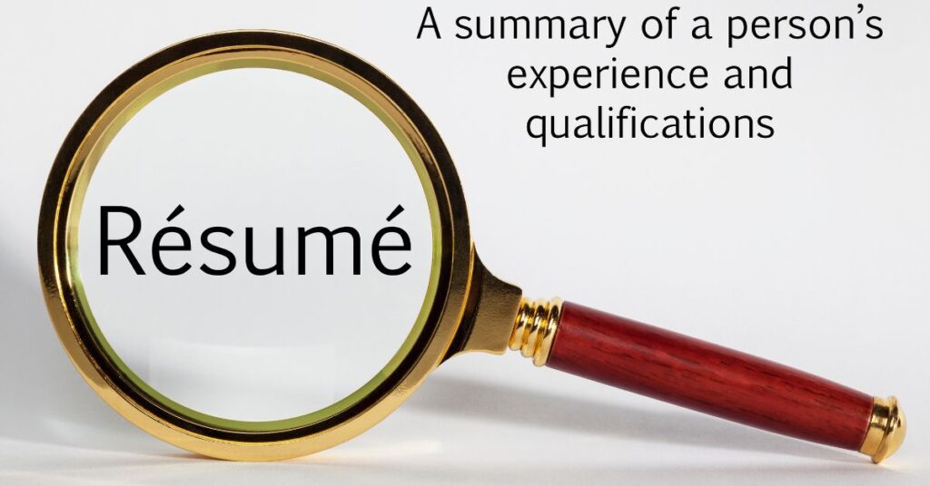 Concept of a Resume is to Explain (in brief detail) an individuals qualifications or experiences. Magnifying glass looking at the word Resume in black ink.