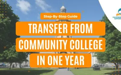 Step by Step Guide to Transfer from Community College in One Year. (Block Letters, Orange BG, School in Background, White Covering with CTSN Logo inside). Blog Title is Published in TEXT