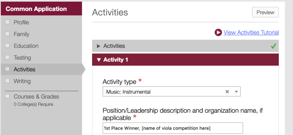 Approach the Activities Section Common App with a Handful of Ideas in Mind. Screenshot of Activities Section Common App.